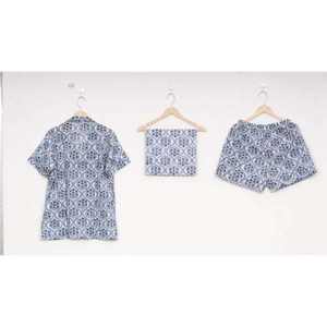 Conjunto de Pijama de Otoño para Mujer, 100% Algodón, Estampado Floral en Satén, Cintura Elástica, Cuello Camisero, Manga Corta - Product Image 3