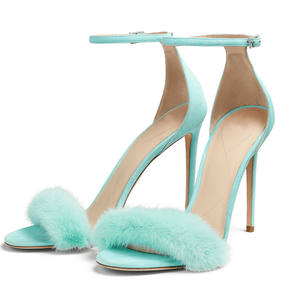حذاء نسائي أزرق مثير موديل 2023 بكعب عالي وجميل من الفراء, صندل نسائي جذاب بكعب عالي مناسب للحفلات ، حذاء أنيق يغطي الكاحل - Product Image 2