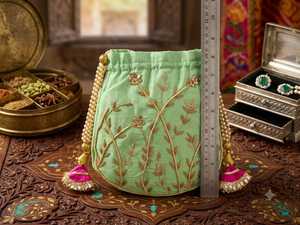 Handmade Indian Mint <b>Green</b> Zardozi Embroidered Silk Saddle Bridal Potli <b>Bag</b> Drawstring Closure for Party Wear Multiple Events - Product Image 3