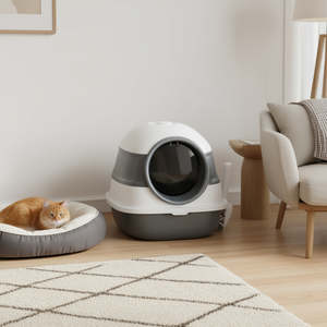 Bac à litière pour chat blanc et gris avec couvercle en dôme, facile à nettoyer, en plastique, manuel, pour chats, taille L - Product Image 2