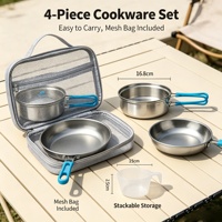 Kit de cuisine de camping 4 pièces en acier inoxydable, pot, poêle, bol, tasse, ensemble léger et portable pour la randonnée, la pêche, les activités de plein air