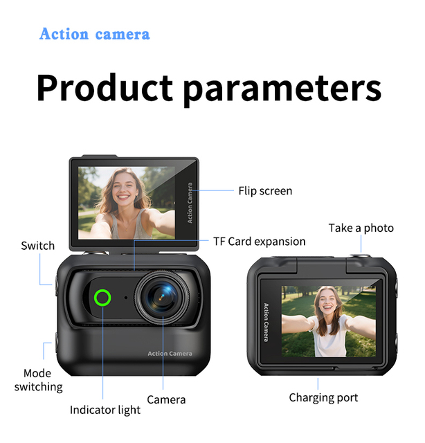 Digital Action Camera 2.0 Inch Rotating Screen 4K 30fps Long Endurance Thumb-sized Cycling Recorder Chest-mounted Pocket-sized