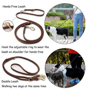 Quchonpet Verstelbare Zachte Hondenriem Twee Handgreep Lederen Hondenriem Handgemaakt Koeienhuid Hardlopen Handsfree Hondenriem - Product Image 4
