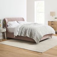 Lit double en bois massif avec tête de lit incurvée élégante et moderne, plateforme de rangement, design de luxe léger