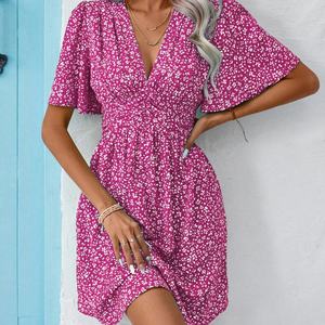 Vestidos Casuales Mini Plisados Florales de Cintura Alta con Estampado y Manga Media con Cuello en V para Mujer, Novedad de Verano, Venta al por Mayor Personalizada - Product Image 2