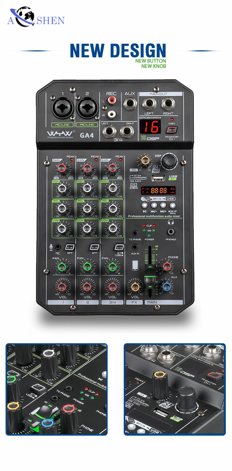 Audiomixer, 4-kanaals studio USB-interface Mini-mixer Professi1le digitale draagbare mixgeluidskaart Bluetooth-compatibele functie Geluidskwaliteit