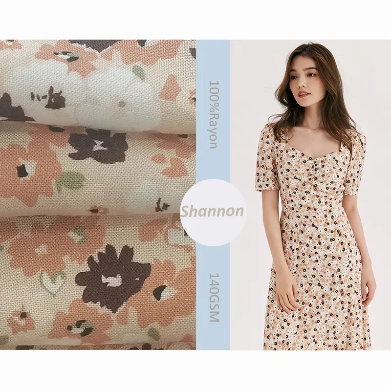 공장 도매 사용자 정의 인쇄 100% 레이온 주름 무료 꽃 패턴 포플린 직물 드레스
