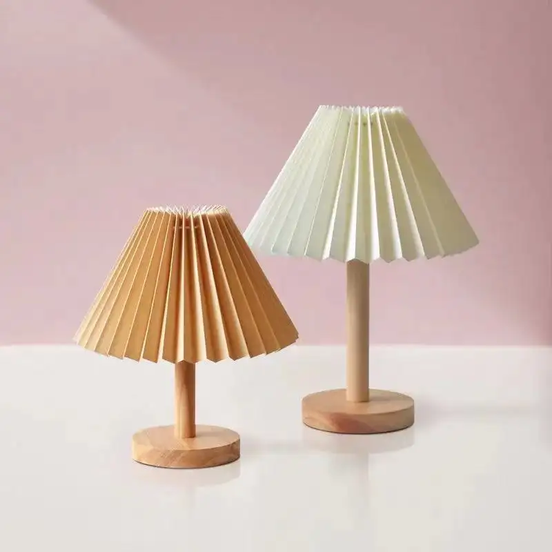 Vintage Pleated Table Lamp Solid Wooden Desk Lamps for Bedroom Dinning Room Night Lights