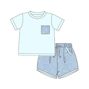 Conjunto de Ropa de Verano para Bebé Niño, Diseño Personalizado BSSO2004, Color Azul Sólido con Estampado, Venta al Por Mayor, Manga Corta - Product Image 1
