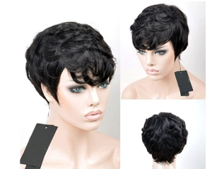Peluca de Cabello Humano Corto Estilo Pixie con Flequillo, Sin Pegamento, Sin Encaje, Rizado, 100% Cabello Virgen, Proveedor para Mujeres Negras - Product Image 4