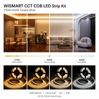 Kit de bande LED COB CCT WISMART 12V 24V, 640 LED/m, 10 mm, 5 m, IP30, blanc réglable 2700K-6500K avec connecteurs et clips pour éclairage intérieur