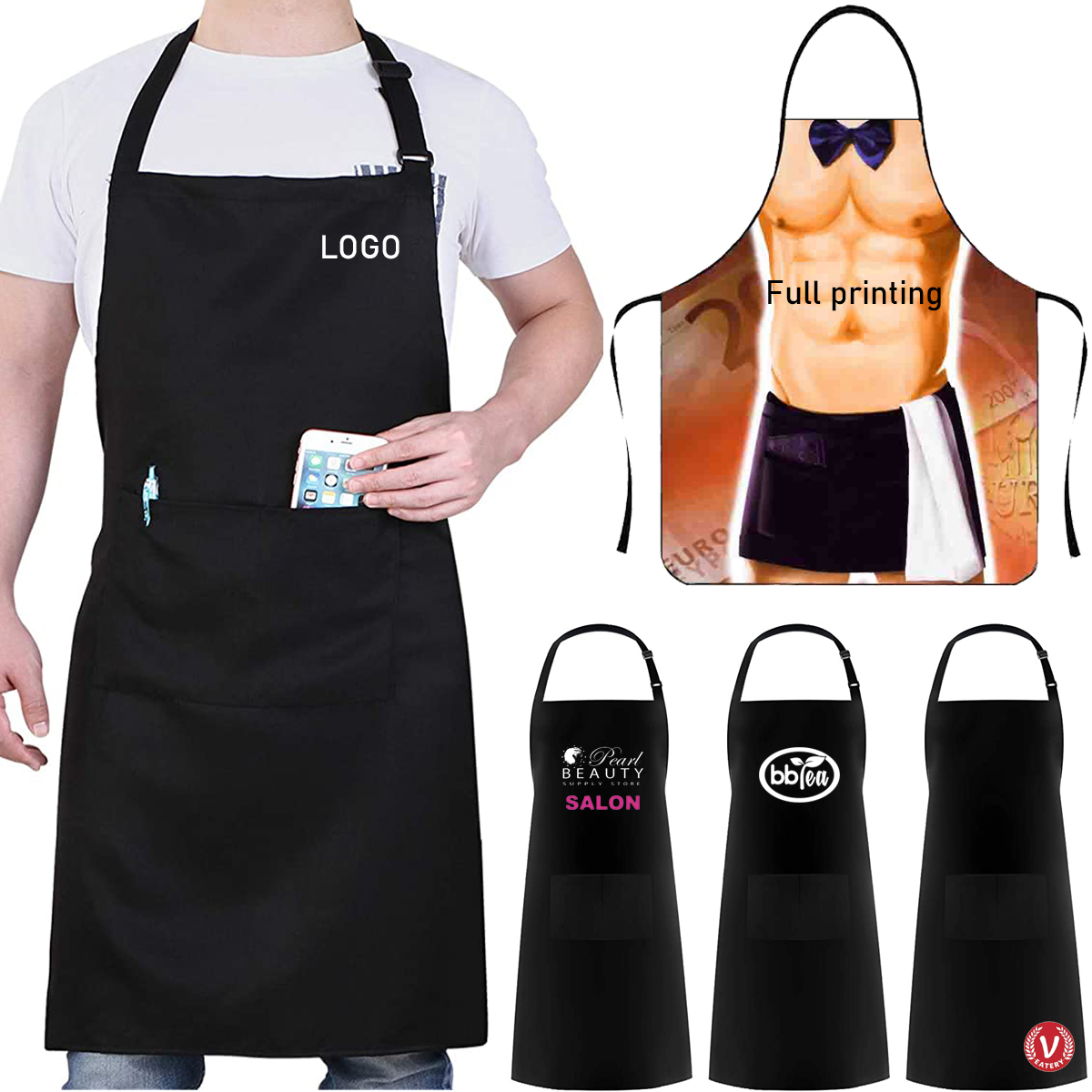 Celemek Hitam Katun Uniseks Logo Kustom Apron Desain Cetak Penuh dengan Saku Tahan Air Bib Disesuaikan untuk Celemek Bbq Dapur