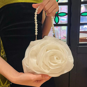 New Style Luxury Lady Vintage Pearl Camellia Pu Dress Girls Wedding Banquet Evening Portable Two Crossbody <b>Small</b> Round <b>Handbag</b> - Product Image 1