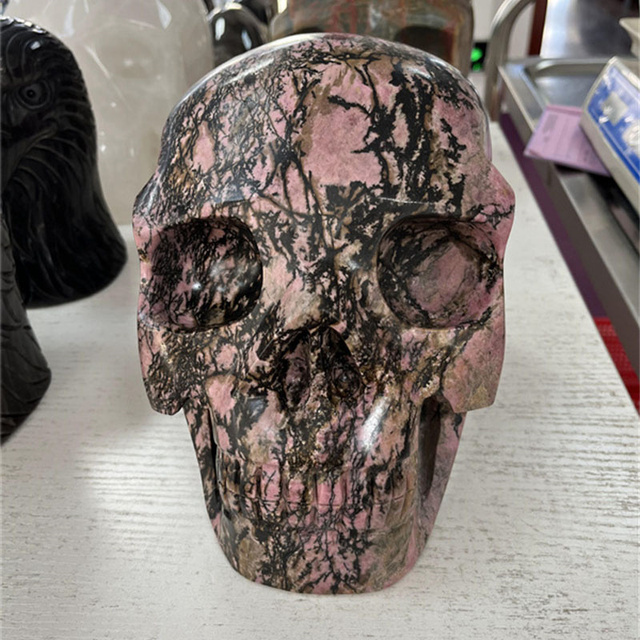Factory Custom Large Crystal Skulls Natural Gemstone Statue Hand Carved Rhodonite Skulls for Decoration