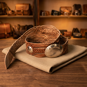Ceinture en cuir véritable tressée avec conchos argentés, style classique, unisexe, design tissé marron - Product Image 1