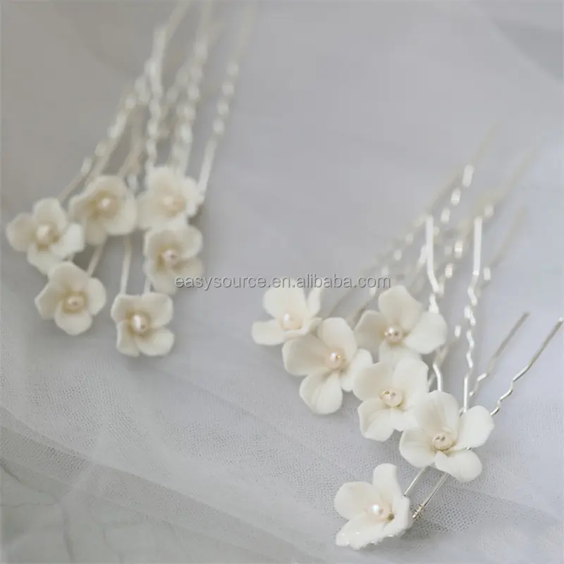 RE4508 Porcelain Flower Bridal Hair Pins 6 PCS/Set Freshwater Pearls Wedding Hair Clip Handmade Bride Hair Jewelry