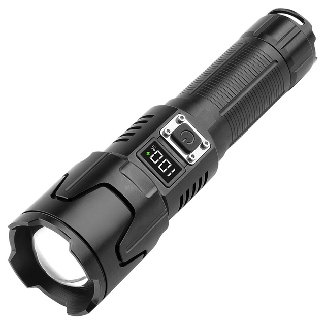 High Power Bright Rechargeable Led Zoom Tactical Flashlight with Digital Display and Power Bank Powerful Camping Torch