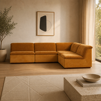 Sofá Modular en Forma de L de Terciopelo Crema con Base de Madera, Sofá Seccional Moderno para Sala de Estar, Sofá de Terciopelo Contemporáneo para Hogar y Hotel
