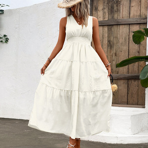 Popular europeo y americano 2024 nuevo verano de las mujeres con cuello en V elegante sólido sin mangas vestido grande Swing - Product Image 5