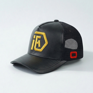 Gorras de béisbol de malla con logo bordado 3D, gorras trucker de 5 paneles de cuero PU personalizadas - Product Image 1