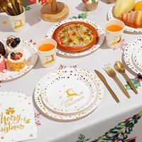 Ensemble de vaisselle de fête de Noël de 144 pièces, assiettes, serviettes, gobelets, couverts, design flocons de neige dorés, pour 24 personnes, vente chaude, en papier