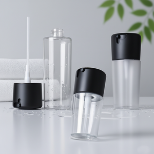 Vente en gros de flacons pulvérisateurs ronds en PET transparent de 50 ml et 100 ml, tête de pompe en plastique noir, impression d'écran, <span class=keywords><strong>produit</strong></span> pour le visage, bouchon à vis, étanchéité - Product Image 1