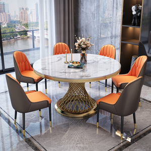 Italian Modern Dining Room Table Set 6 Seater Home Furniture Round Marble Gold Stainless Steel Dining Table