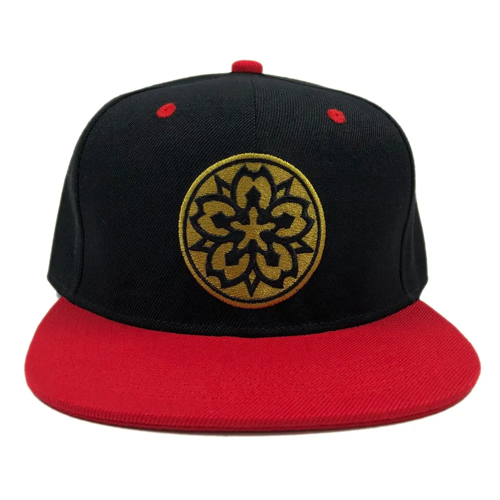 OEM acrylic unisex black red 2 tone flat bill hat with plastic back buckle custom embroidery circle patch baseball cap snap back