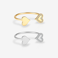 FUAMAY Vente directe d'usine, argent 925 plaqué or 18 carats/rhodium, bague ouverte à double cœur scintillante avec CZ, bijoux fins de haute qualité en gros