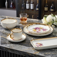 Service de table en céramique de luxe écologique, motif losanges taillés en cristal, bordure dorée électroplaquée, assiettes et bols en porcelaine, compatible lave-vaisselle