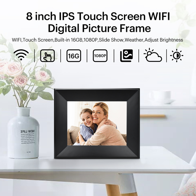 Clearance 8" A50 WiFi Touch Digital Photo Frame 32GB-Solid Wood Black/White | Clock/MP3 | Final Stock Ship 5 Days