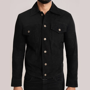 Veste en cuir suédé noir pour homme avec col montant, design réversible, doublure en coton - Style vintage classique, prêt pour l'hiver - Product Image 1