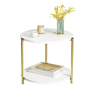 Nordic Style Round Coffee <b>Table</b> Faux Marble Top <b>Gold</b> Legs 2 Tier Living Room <b>Side</b> <b>Table</b> Multifunctional Storage - Product Image 3