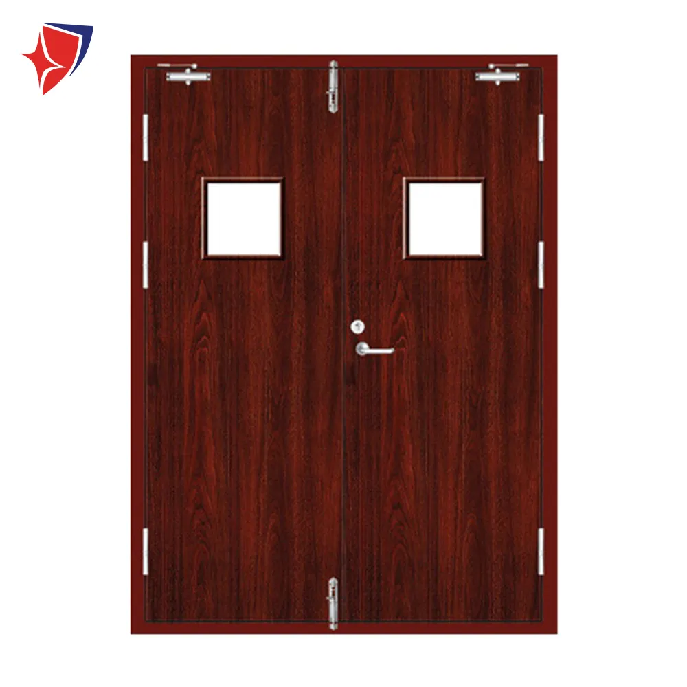 European Style New Arrival Steel Wood Fire Rated Door Double Opening Fire Resistant Door with Observation Window for Mall Hotel