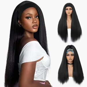 28 inç yeni moda kafa bandı peruk uzun doğal kıvırcık makine yapımı sentetik Yaki düz tam Hd dantel peruk siyah kadınlar için