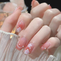 24 Uñas Postizas con Diseño 3D, Cristales y Diamantes, Decoración de Resina Rosa Kawaii con Dibujos Animados