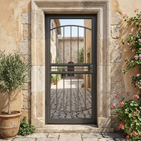 Porte d'entrée extérieure moderne en acier et verre, à ouverture vers l'extérieur, avec écran métallique perforé, serrure noire non incluse