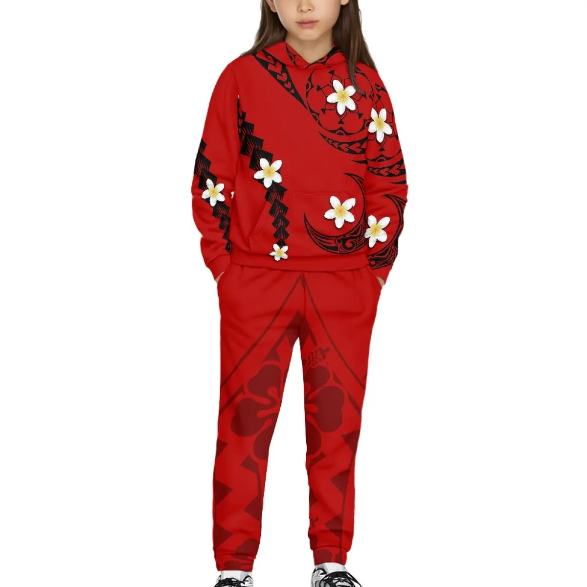 Rote Plume ria Blume Polynesian Tattoo gedruckt Kinder Hoodie Sweatshirt Jungen Schweiß und Hosen Sets benutzer definierte Kinder Sweat suit Set