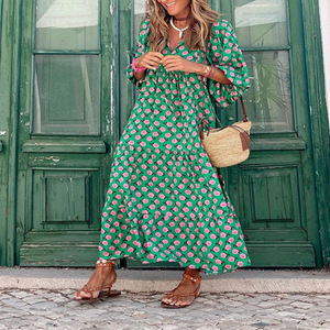 Vestido Holgado Geométrico de Estilo Bohemio con Cuello Redondo y Mangas Farol para Mujer de Talla Grande Europea y <span class=keywords><strong>Americana</strong></span> - Product Image 2