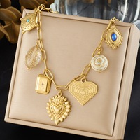 Collier vintage en acier inoxydable avec pendentif cœur sacré, œil du diable, boussole, étoile, bijoux pour femmes