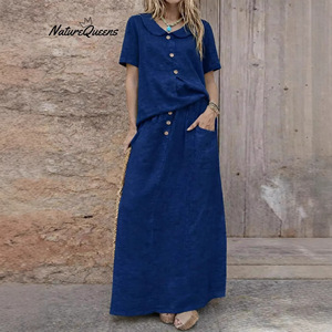 NatureQueens Women's Cotton <b>Linen</b> Two Piece <b>Set</b> Loose Skirt Casual Solid Color Lake Blue Smlxlxxl - Product Image 5