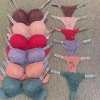 Ensemble de lingerie sexy pour femme, style bikini Victoria, avec soutien-gorge push-up uni, dentelle à strass, grande taille et string transparent