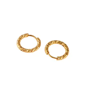 Stainless Steel PVD Gold Plating Inspired Minimal Gleaming Womens Minimalist Plain Textured Hammered Hoop Earrings