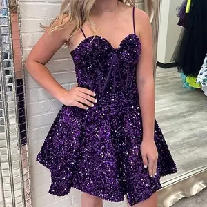 Sexy V Cổ Ren Up Spaghetti Dây Đeo Sequin Chiều Dài Đầu Gối Màu Hồng Cocktail Ngắn Buổi Tối Ăn Mặc Homecoming Dresses