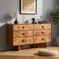 Commode à six tiroirs en bois massif de style médiéval, commode de chambre vintage, armoire de rangement, table d'appoint en placage de ronce pour salon