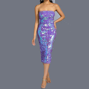 فستان نسائي طويل بدون حمالات مزين بالترتر، قماش متباين اللون، تصميم ضيق، ظهر مكشوف، تنورة بنفسجية - Product Image 3