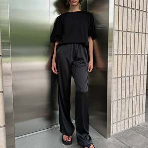 Pantalon évasé en satin pour femme, taille haute, micro-élastique, décontracté, rose - Product Image 4