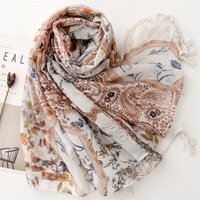 Écharpe à franges de style ethnique, couleur beige, imprimé fleurs de cachemire, 180*90cm, grande écharpe en voile de coton à motif paisley