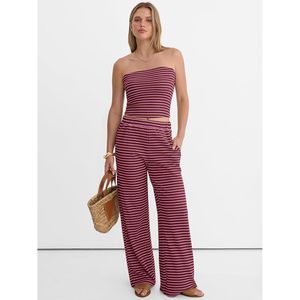 Conjunto de 2 Piezas para Mujer FOXA, Top de Tubo a Rayas y Pantalones Anchos, Atuendo Casual de Verano para Descansar, Transpirable, para Viajes y Playa - Product Image 4