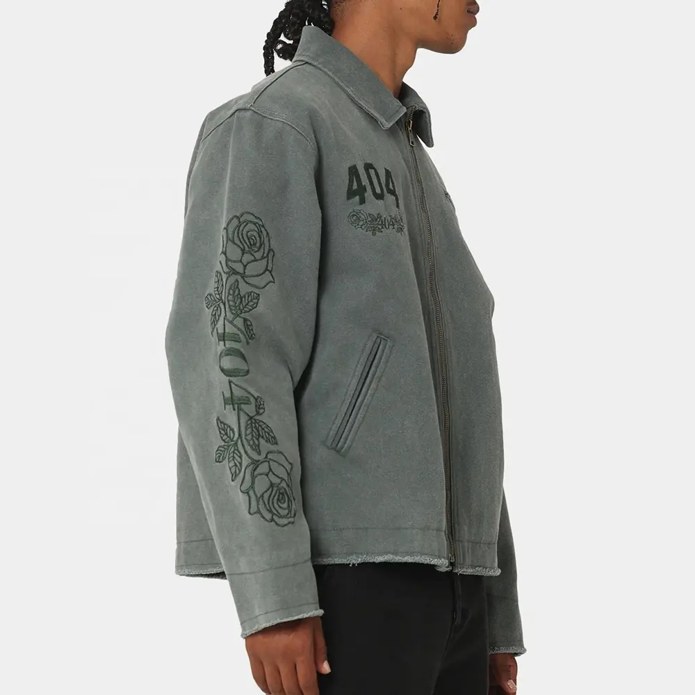 Custom Design Embroidered Graphic Raw Edge Hem Full Zip Up Oversized Bomber Vintage Washed Denim Work Jacket For Men